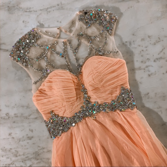 Peach Illusion Rhinestone Prom Pageant Dress - Picture 2 of 8